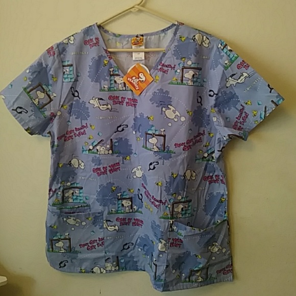 Peanuts Tops - Snoopy & Woodstock Peanuts Scrub Top Large